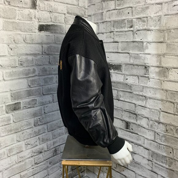 Vintage Varsity Bomber Jacket Mens L Black Wool Leather Letterman National Post - Picture 3 of 15